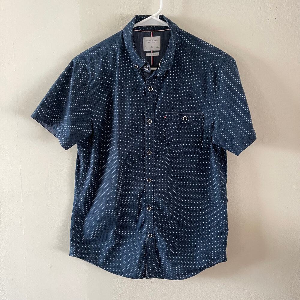 Denim & Flowers Mens Small Polka Dot Short Sleeve Button Down Shirt Blue Casual